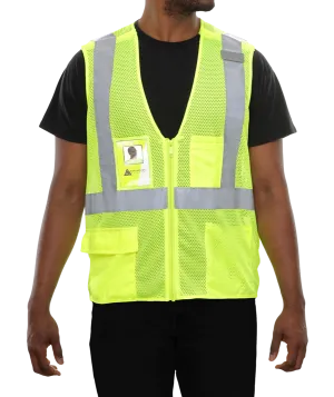 508STLM Safety Vest: Hi-Vis Vest: Clear ID Pocket: 5pt Breakaway: Lime Zip Mesh