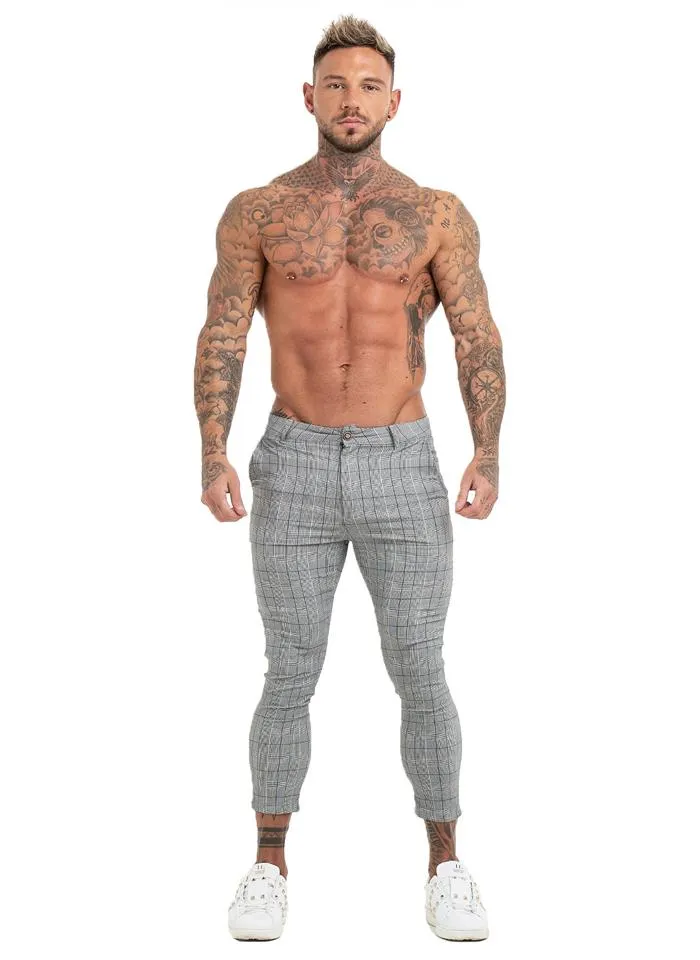 7356 Grey Plaid Pattern Skinny Chinos