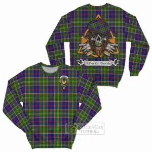 Arnott Tartan Sweatshirt with Family Crest and Bearded Skull Holding Bottles of Whiskey