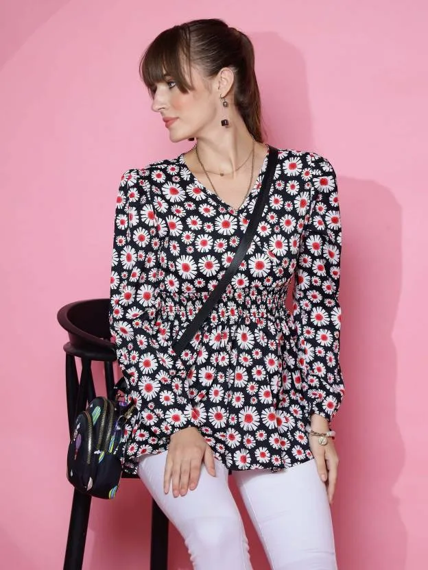 Black Floral peplum Top
