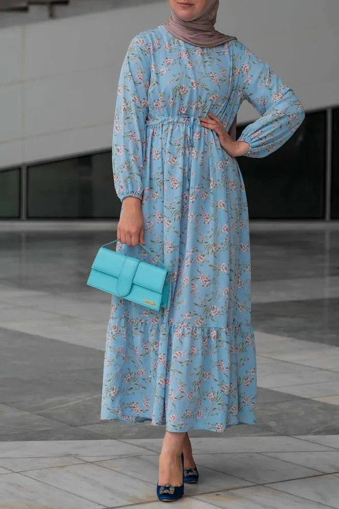 Blossom Blue Floral Maxi Dress with Adjustable Waist