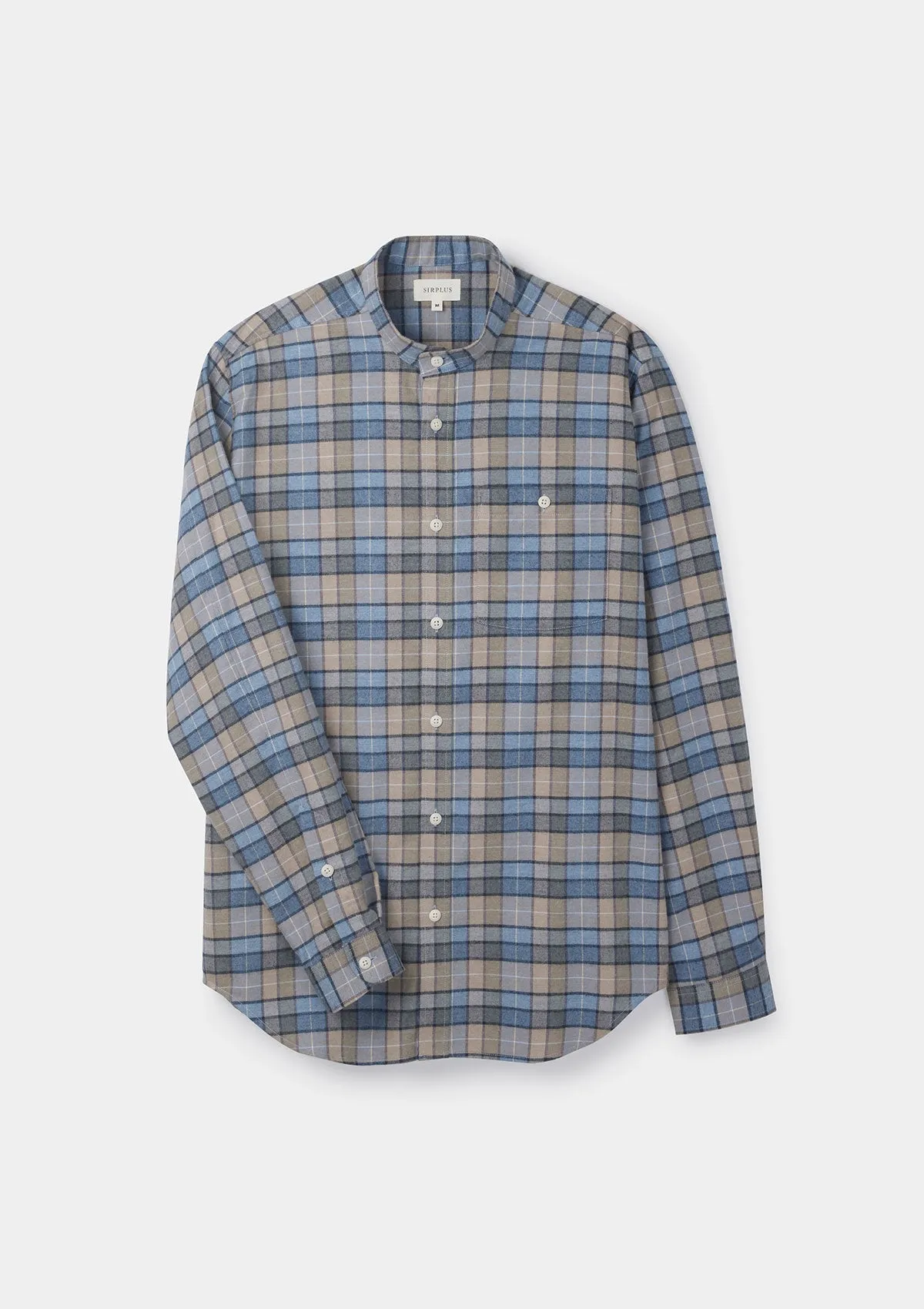 Blue & Beige Checked Cotton Cashmere Grandad Shirt