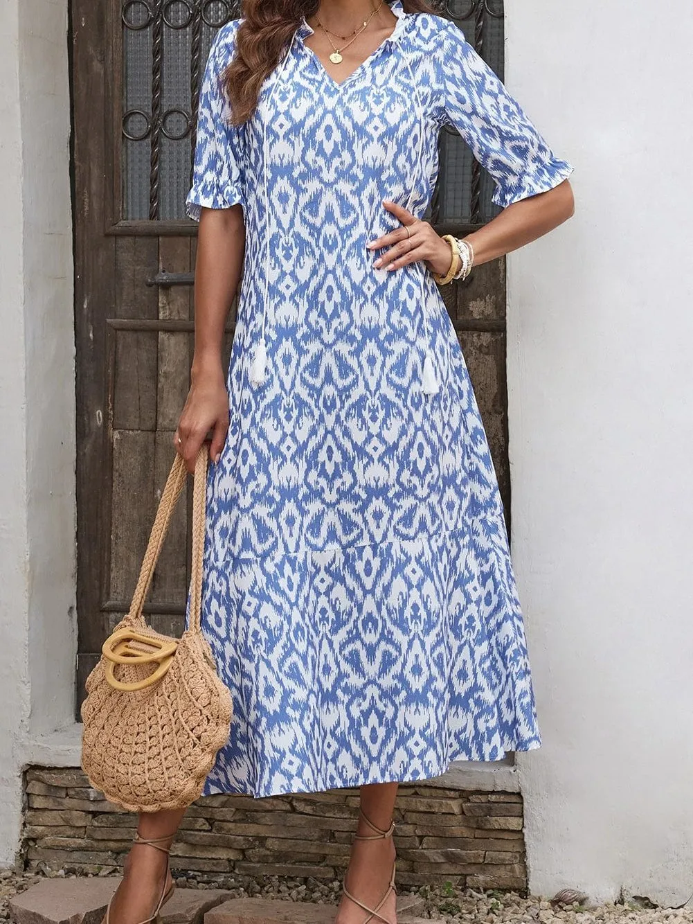 Blue Maxi Dress with White Ikat Pattern