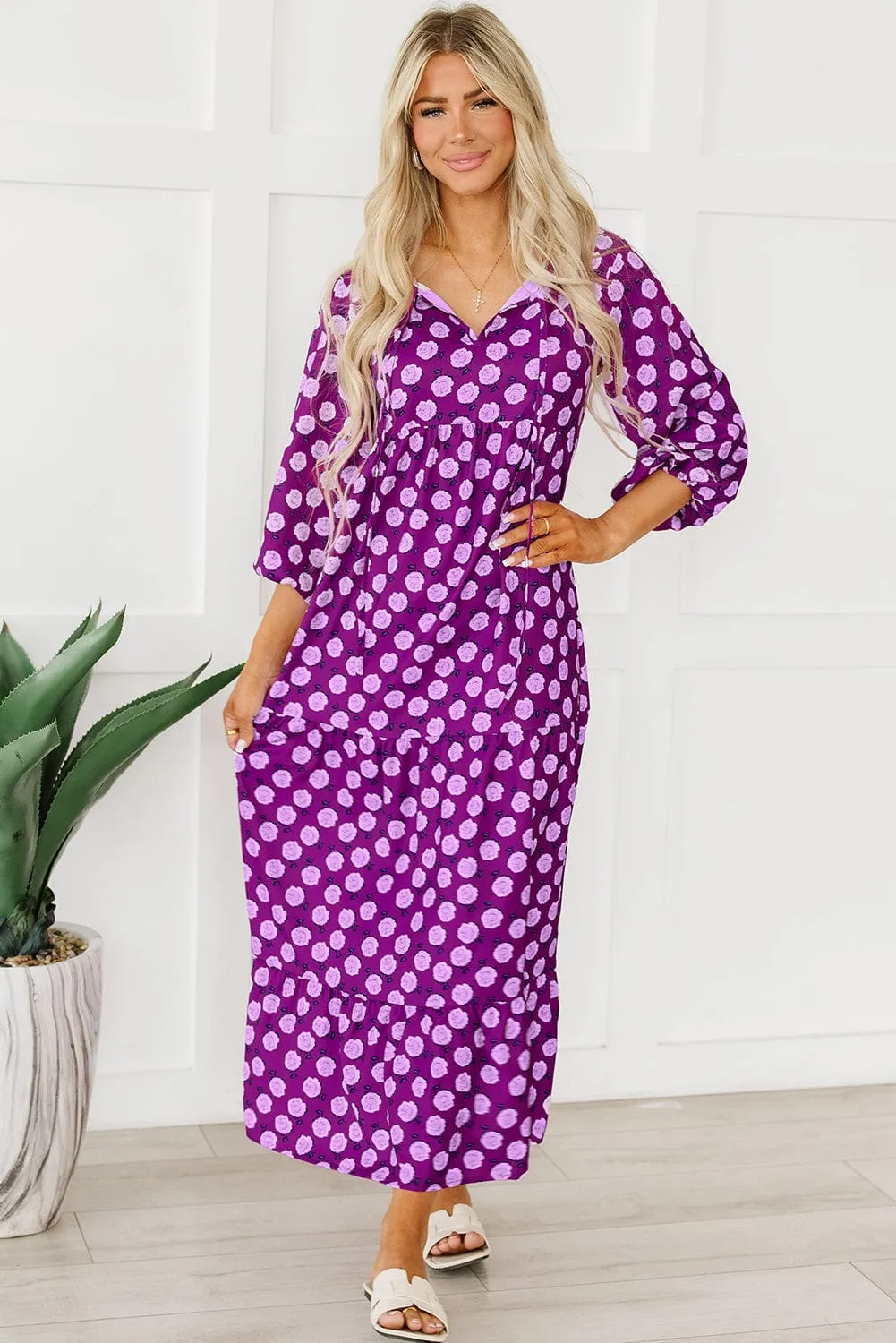 Bohemian Purple Printed Maxi Dress with Puff Sleeves