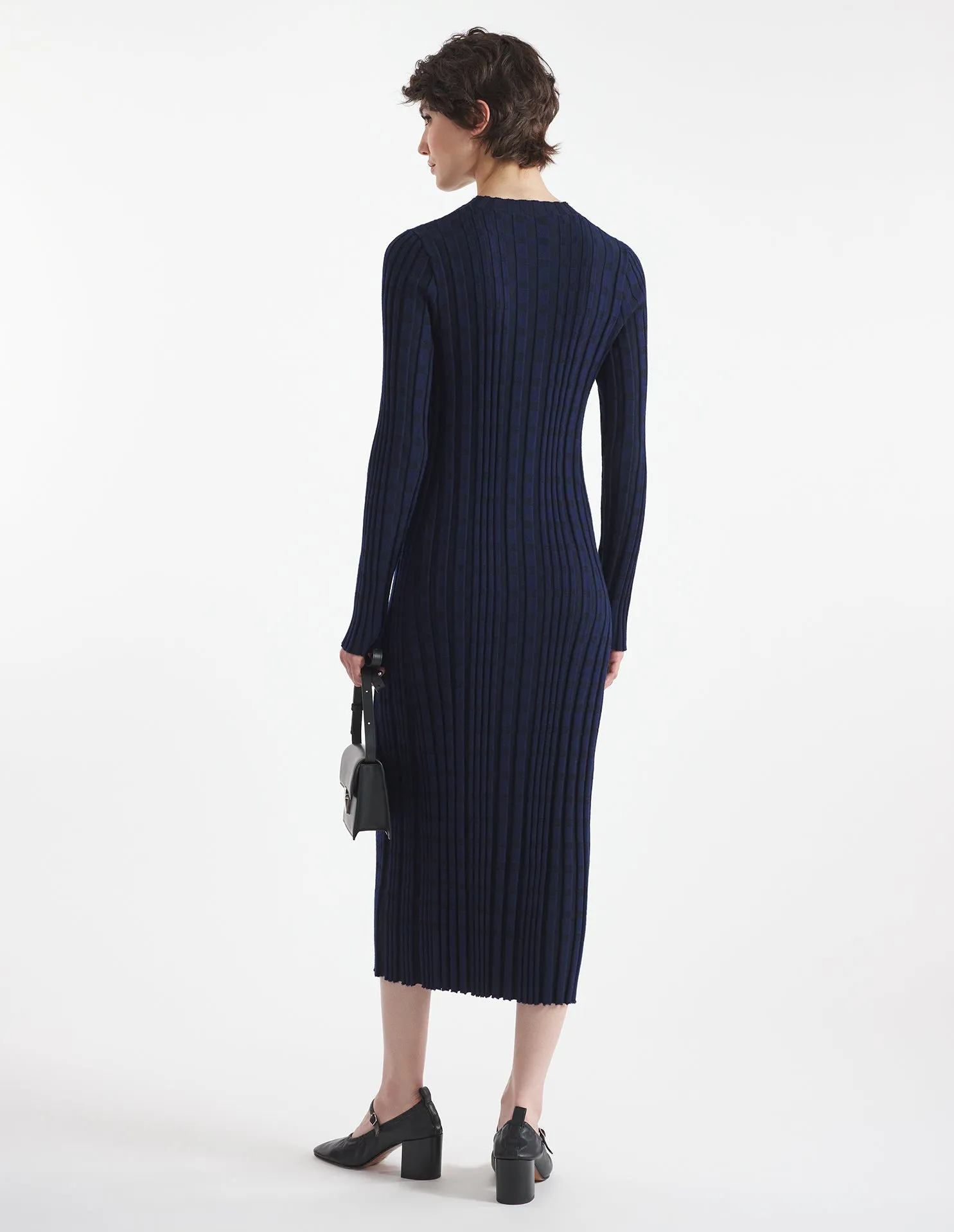 CHECKED RIBBED LONG DRESS