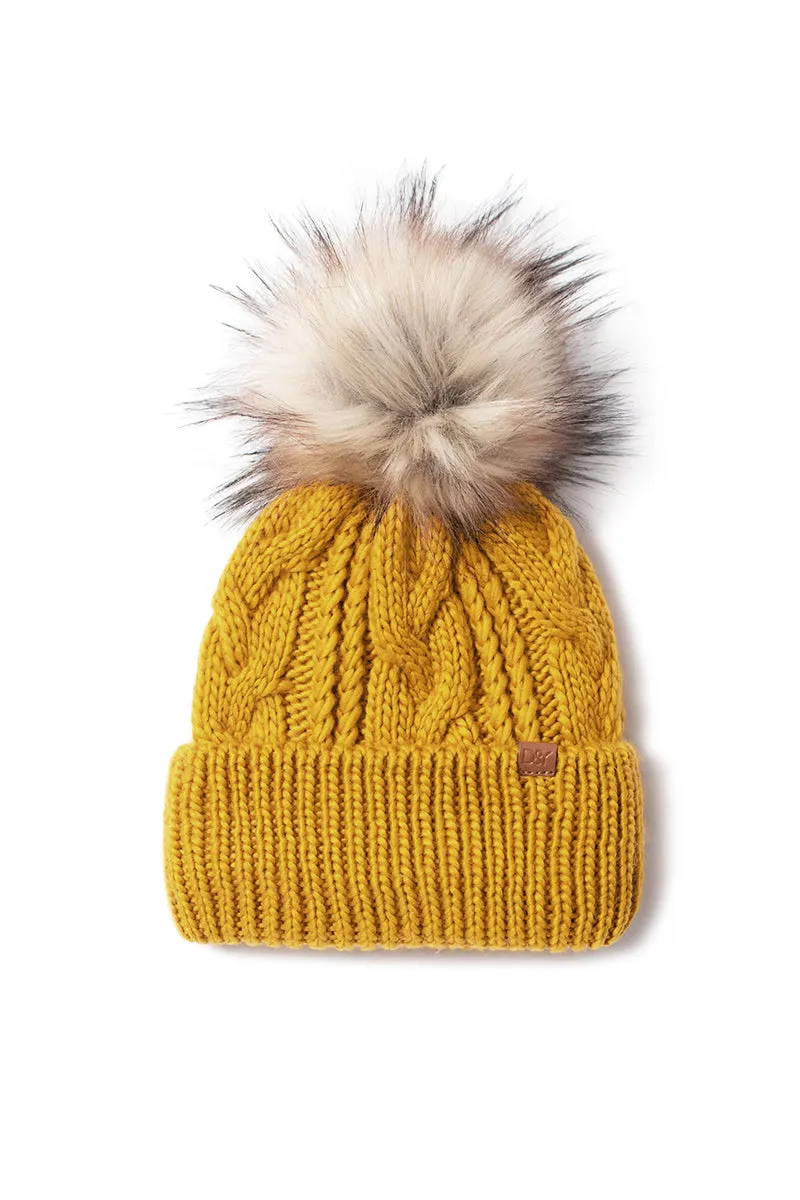 FSBB09061 - Cable Knit Cuffed Beanie with Faux Fur Pom & Lining