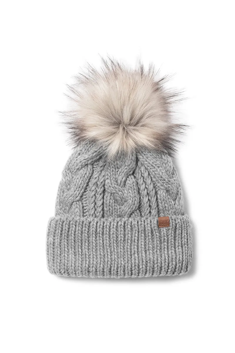 FSBB09061 - Cable Knit Cuffed Beanie with Faux Fur Pom & Lining