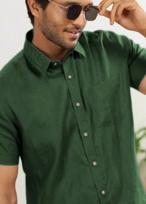 Harvey - Pure Linen Half Sleeve Shirt - Dark Green