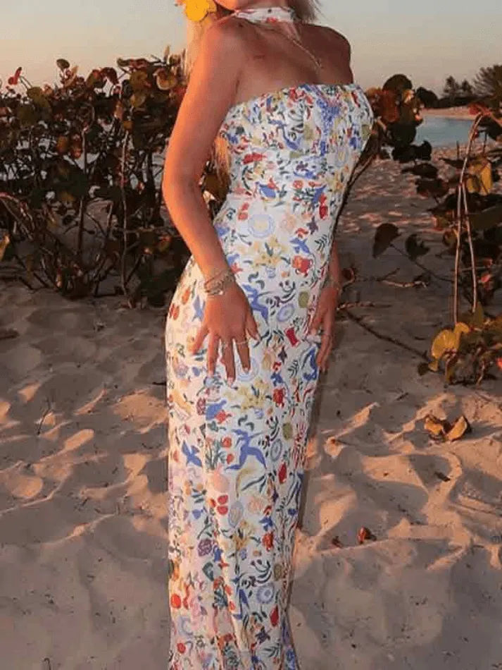LANFUBEISI - Mix Color Print Halter Backless Maxi Dress