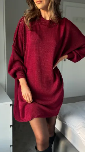 Madalina Burgundy Chunky Knit Jumper Dress