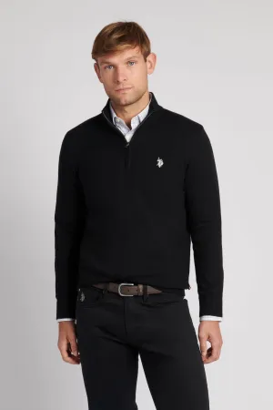 Mens Cotton Funnel Neck 1/4 Zip Knit in Black Bright White DHM