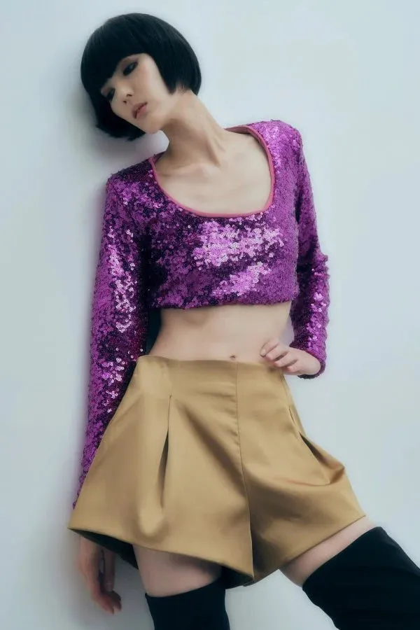 Online Collection Sequin long sleeve crop Top