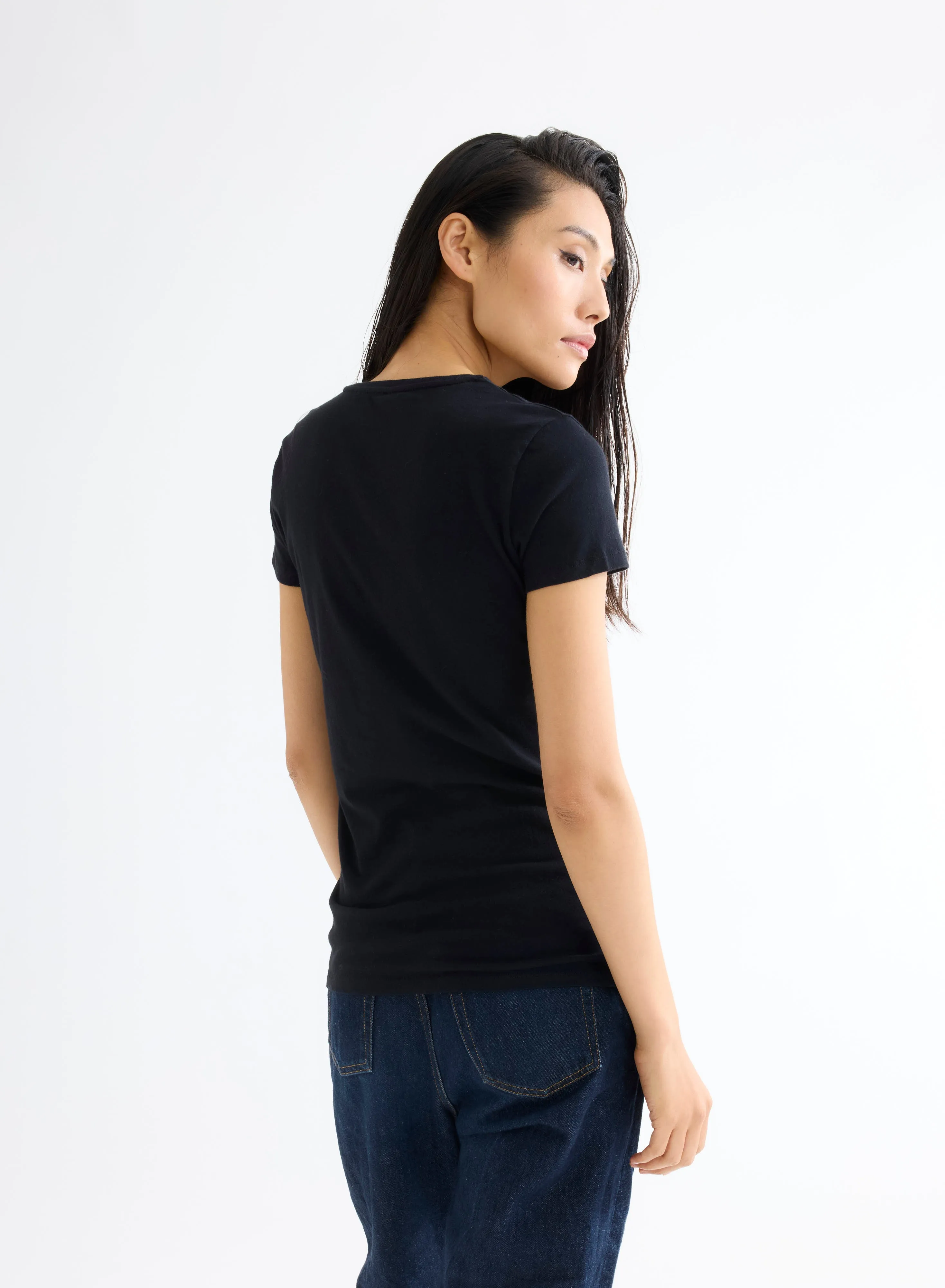 T-shirt Noir Jamie Col Rond Manches Courtes en Deluxe Coton