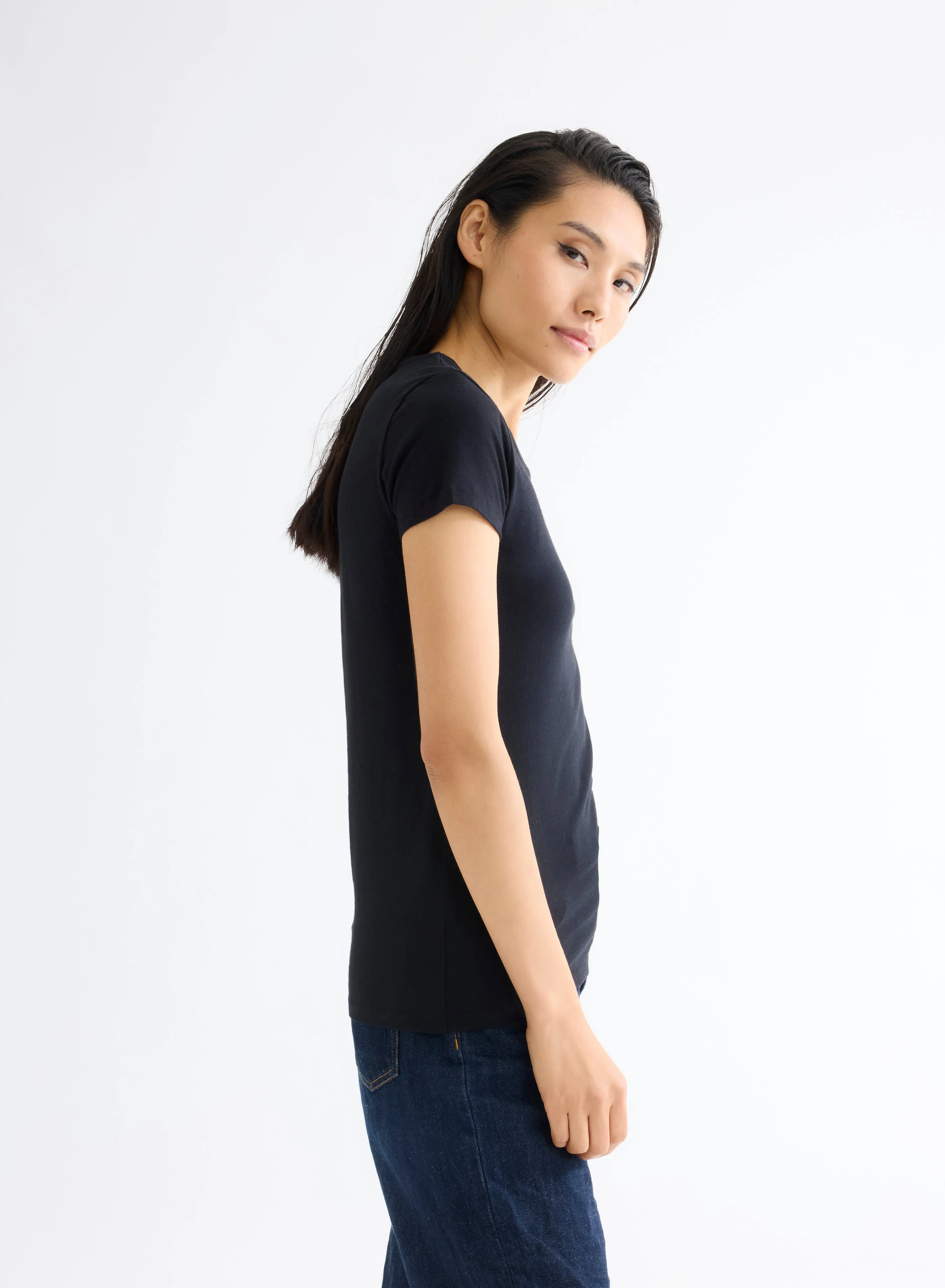 T-shirt Noir Jamie Col Rond Manches Courtes en Deluxe Coton