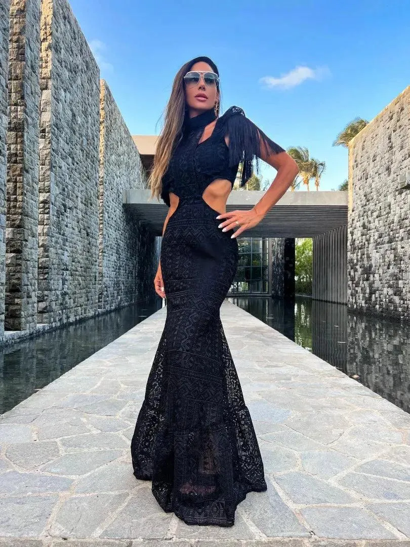 Turtleneck Tassel Sleeve Slim Naked Waist Hollow Out Long Dress