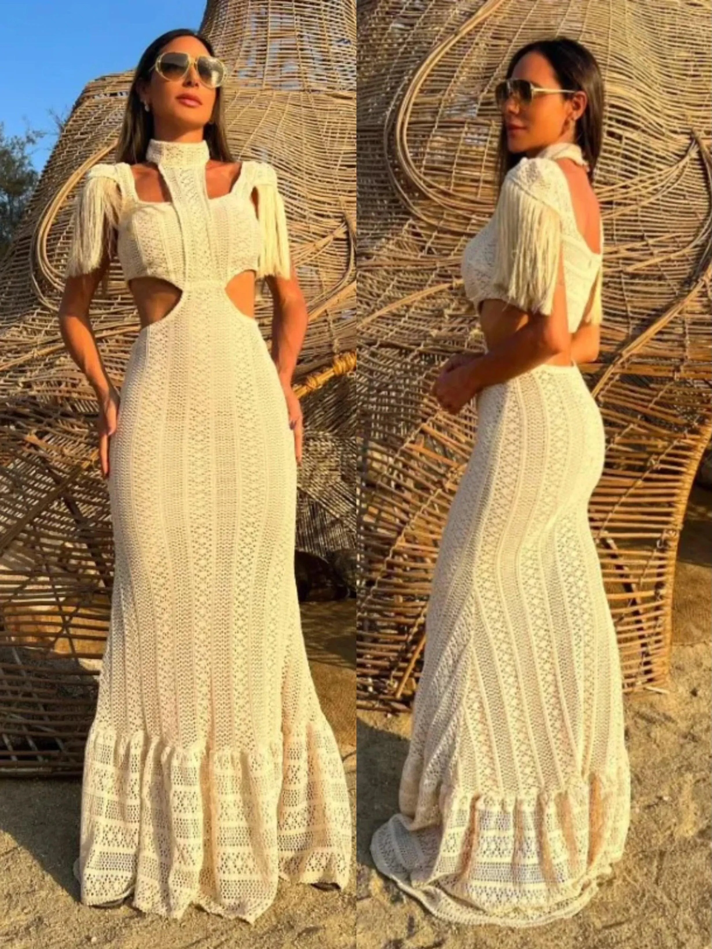 Turtleneck Tassel Sleeve Slim Naked Waist Hollow Out Long Dress