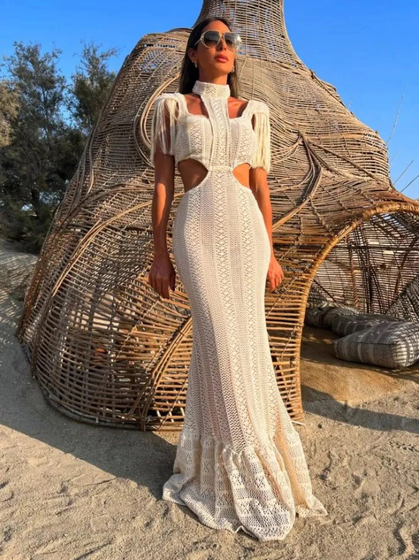 Turtleneck Tassel Sleeve Slim Naked Waist Hollow Out Long Dress