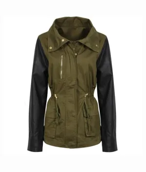 Women's Army Green Cotton Jacket With Leather Sleeves